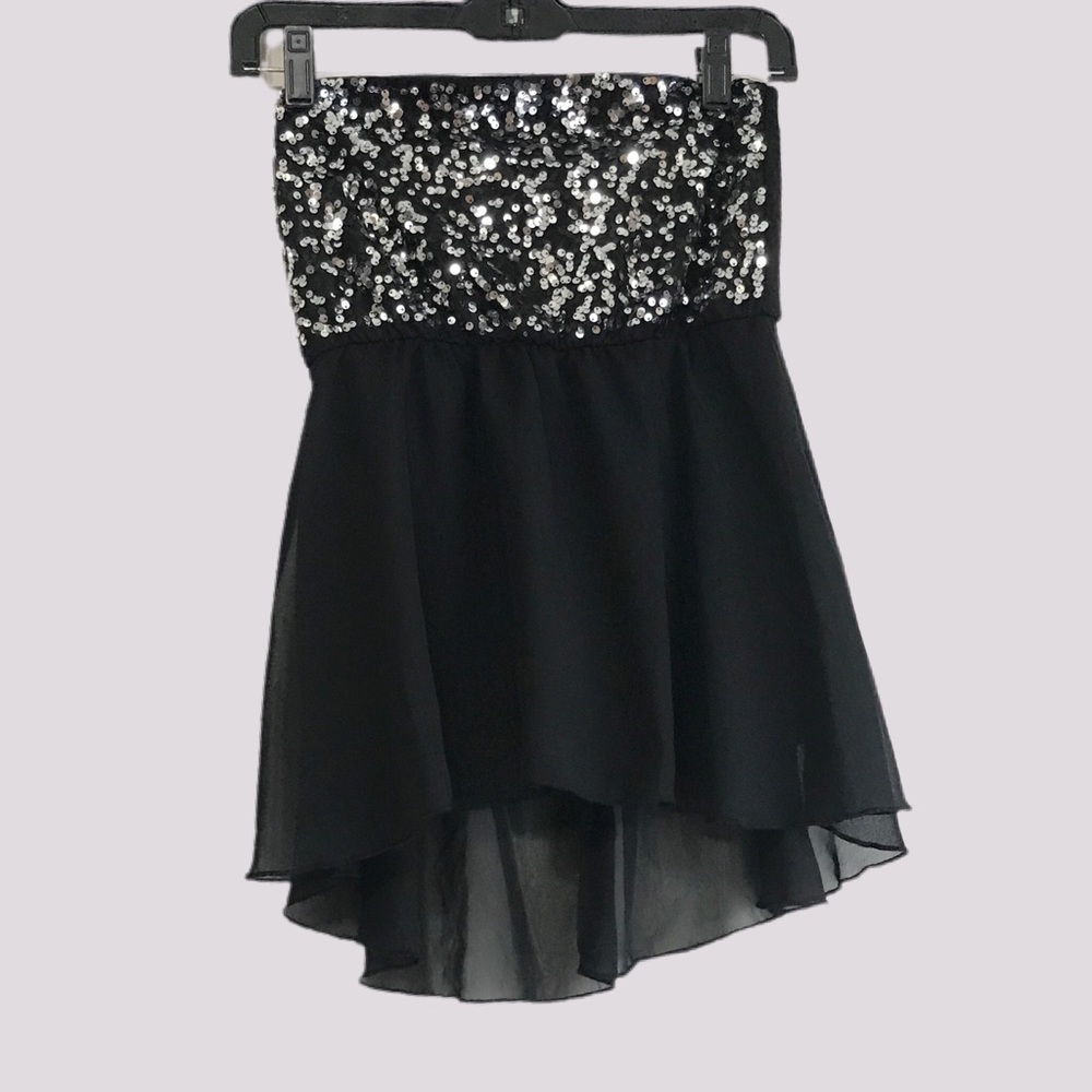 Almost Famous Black Sequin Sheer High Low Strapless Top Size S